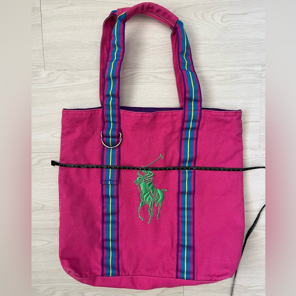 Big Ralph Lauren Hot Pink Canvas Tote with Green Polo Embroidery